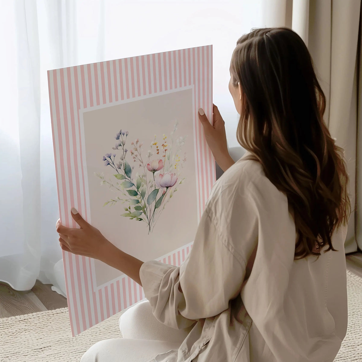 Illustration of a cute bunny wearing a pink tutu and holding a bouquet of wildflowers, part of a nursery wall art print set