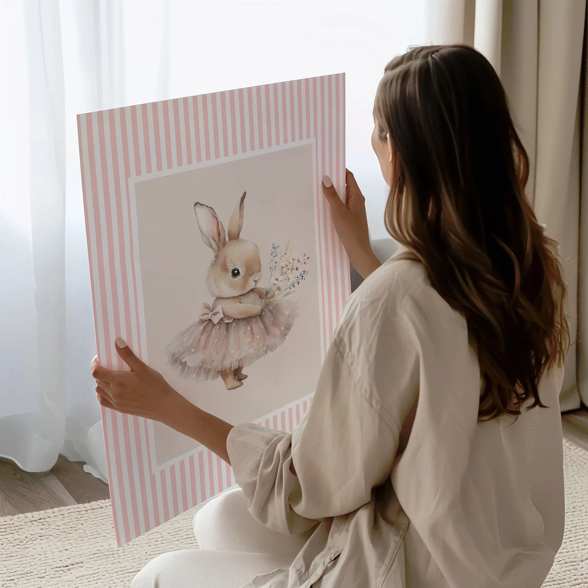 Illustration of a cute bunny wearing a pink tutu and holding a bouquet of wildflowers, part of a nursery wall art print set