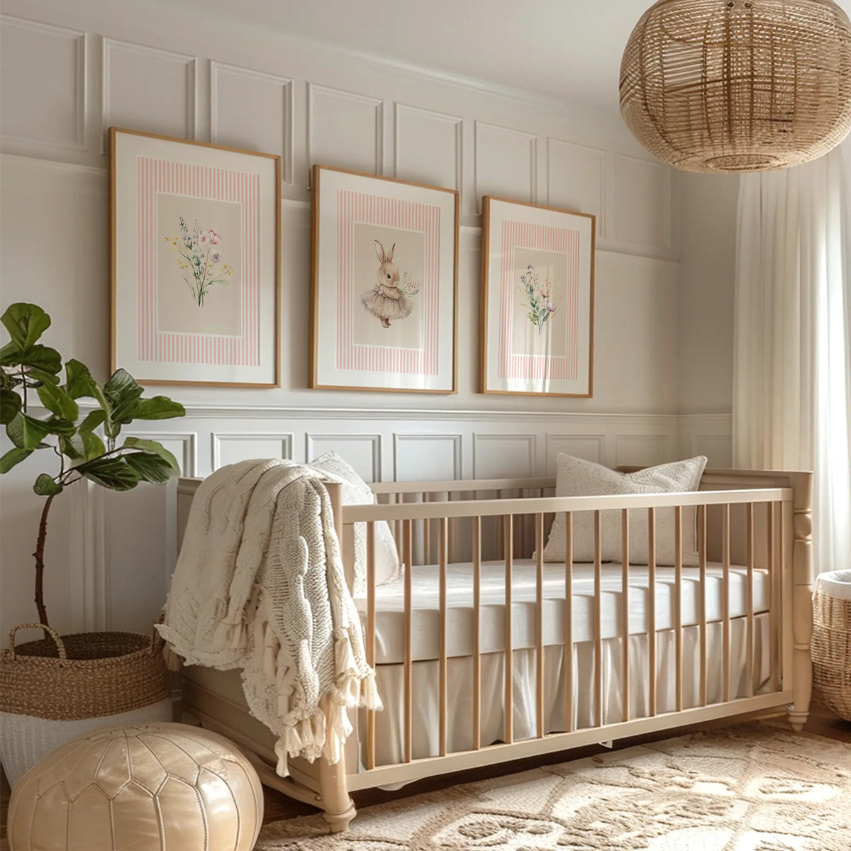 Illustration of a cute bunny wearing a pink tutu and holding a bouquet of wildflowers, part of a nursery wall art print set