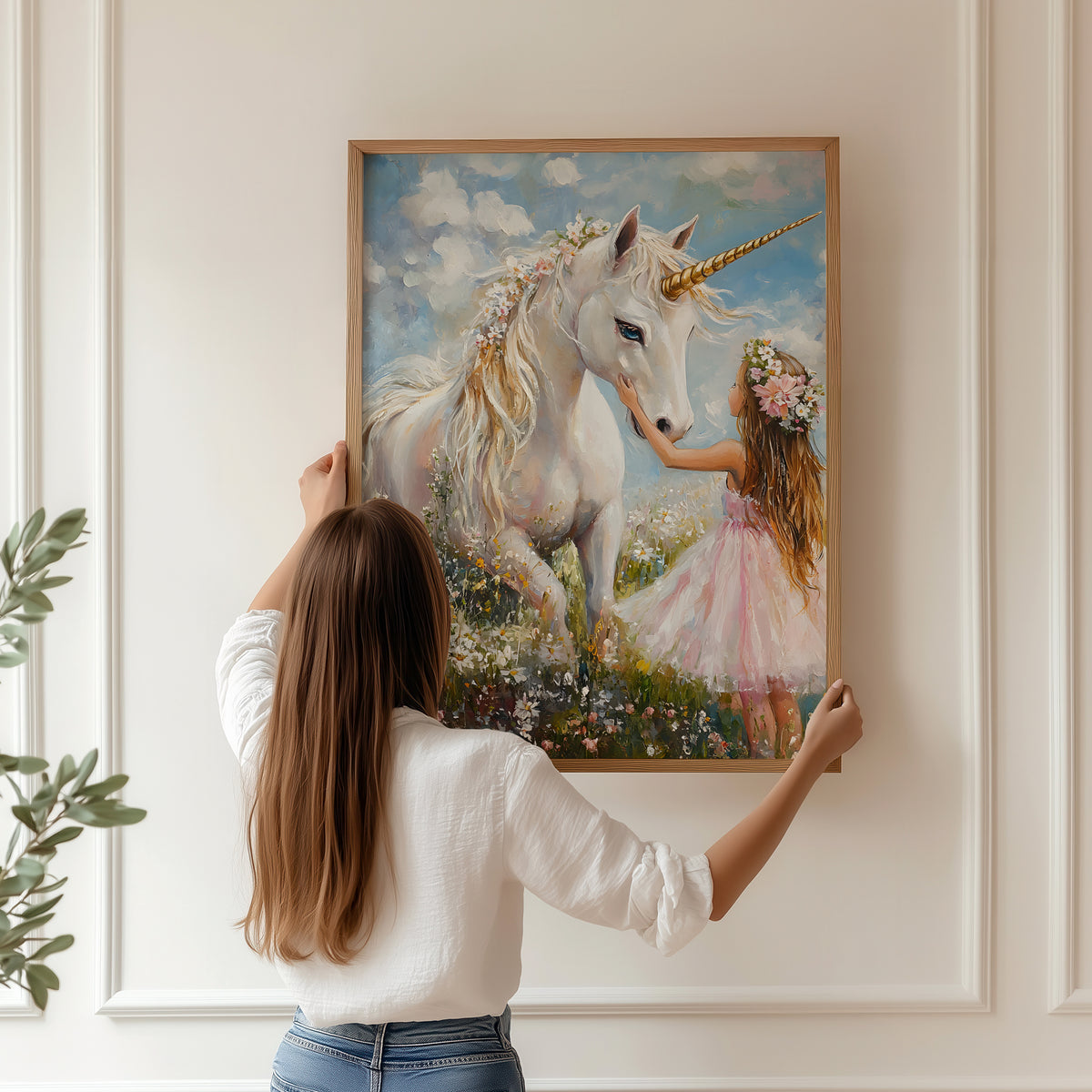 Girl with unicorn in flower field – magical wall art for kids' room