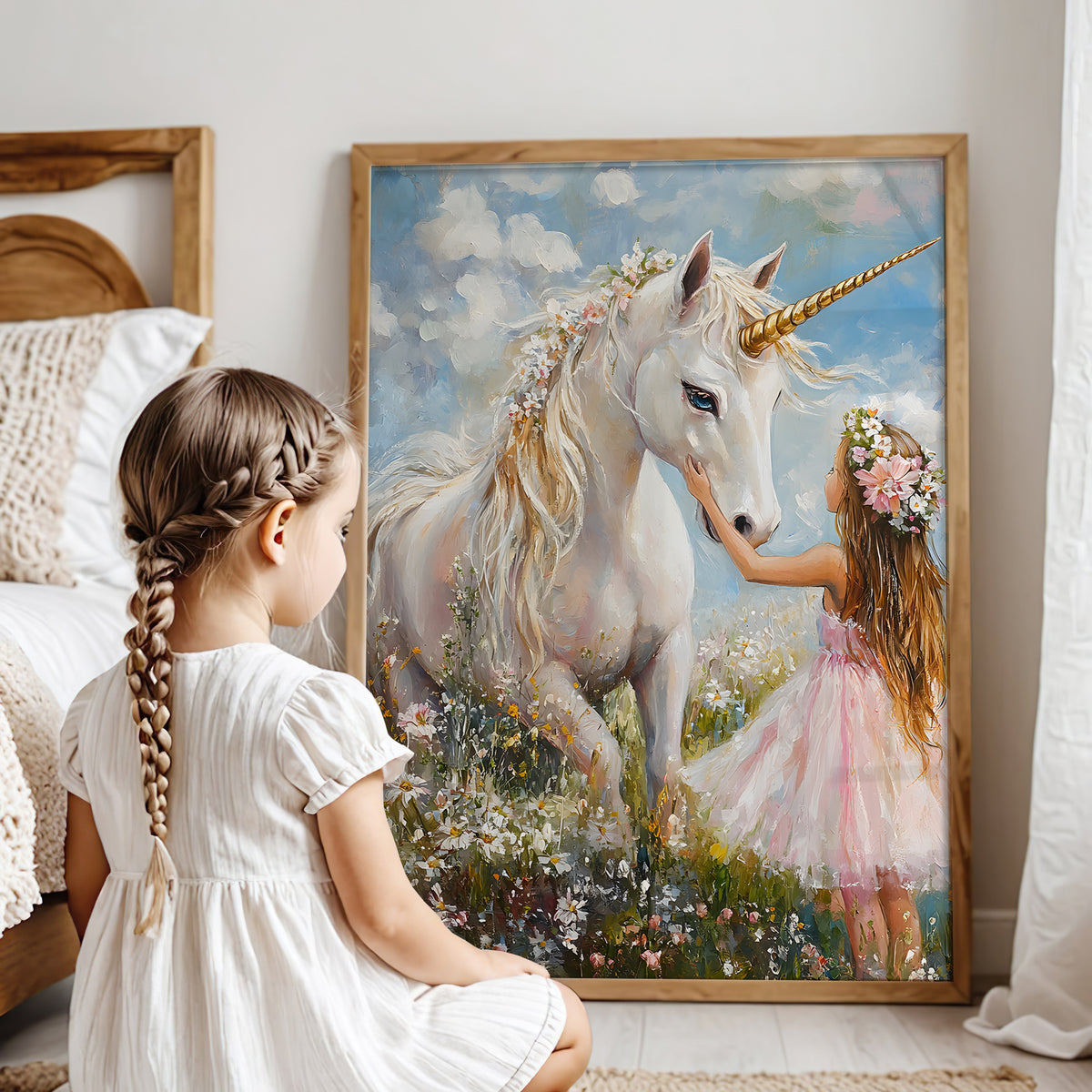 Girl with unicorn in flower field – magical wall art for kids' room
