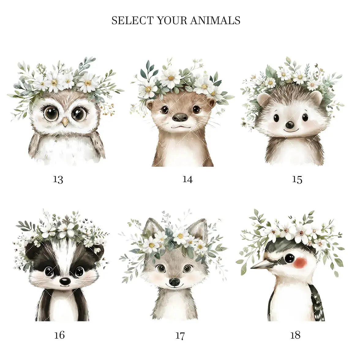 Floral baby animal wall art for a woodland girls nursery bedroom