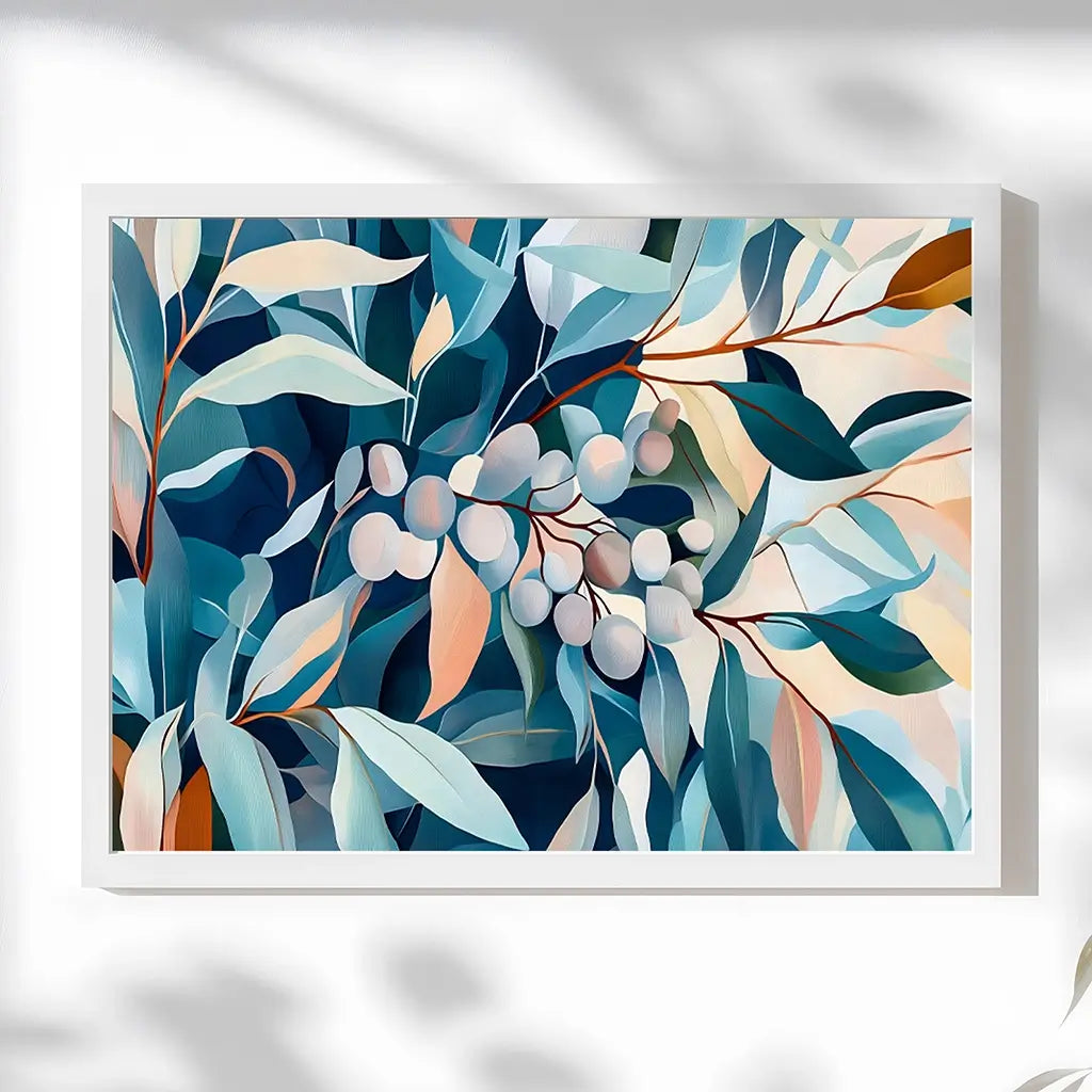 Abstract eucalyptus leaf print with flowing shapes and earthy Australian colours