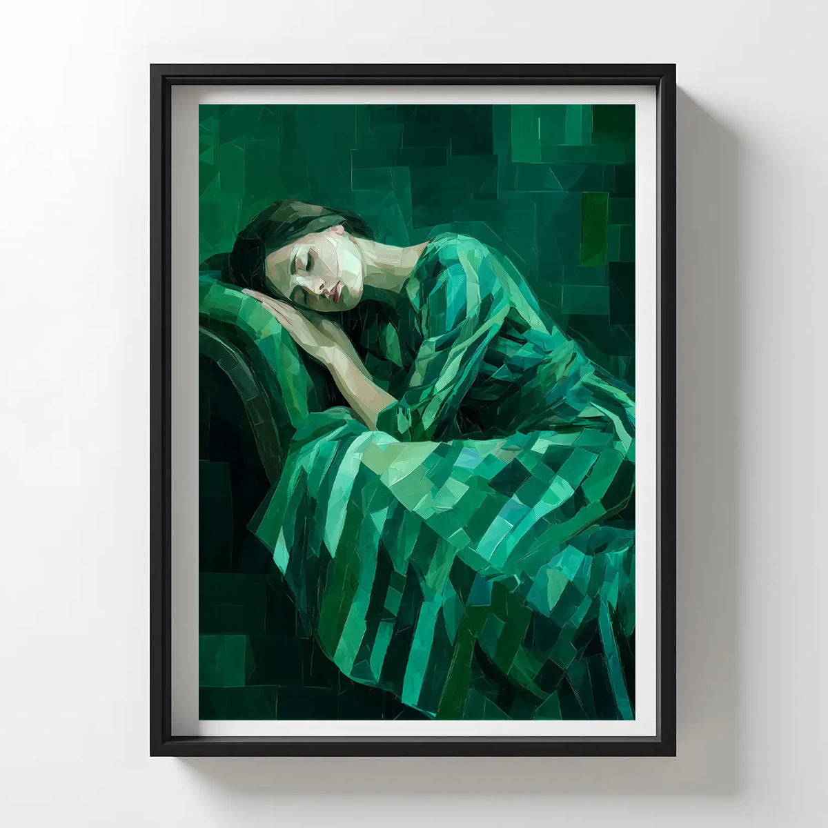 Abstract portrait of a sleeping woman in emerald green tones