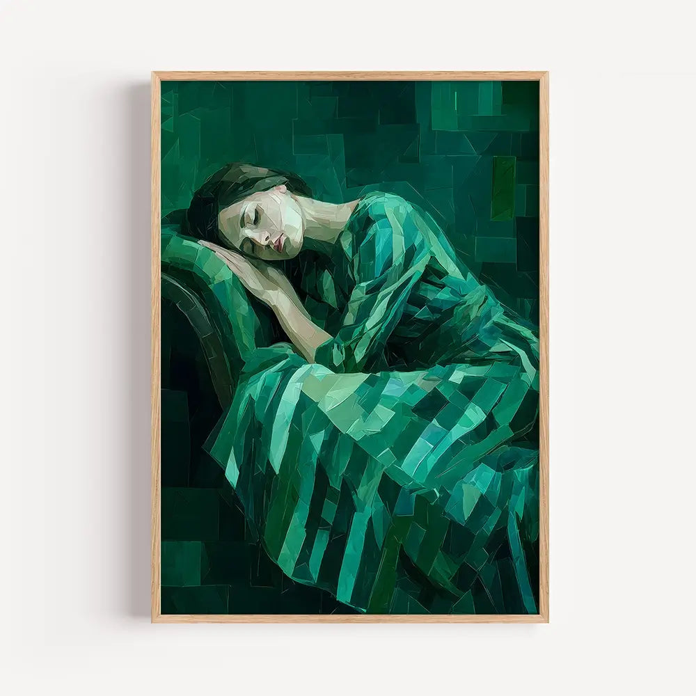 Abstract portrait of a sleeping woman in emerald green tones wall art print
