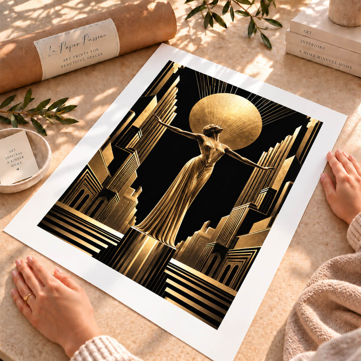 Gold Art Deco woman wall art print featuring an elegant female figure in a flowing golden gown with dramatic black and gold geometric architecture.