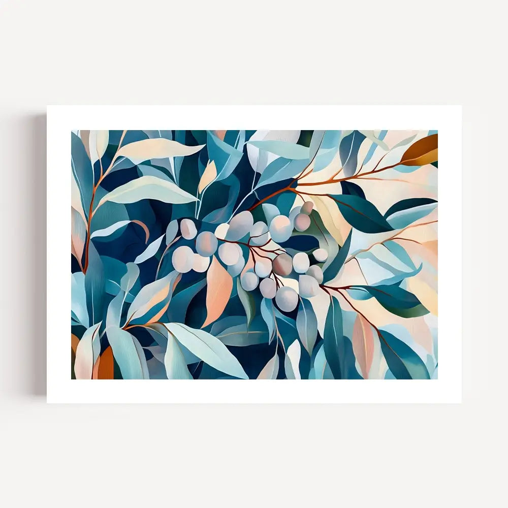 Unframed gum leaf print in blue and neutral colours with a white border