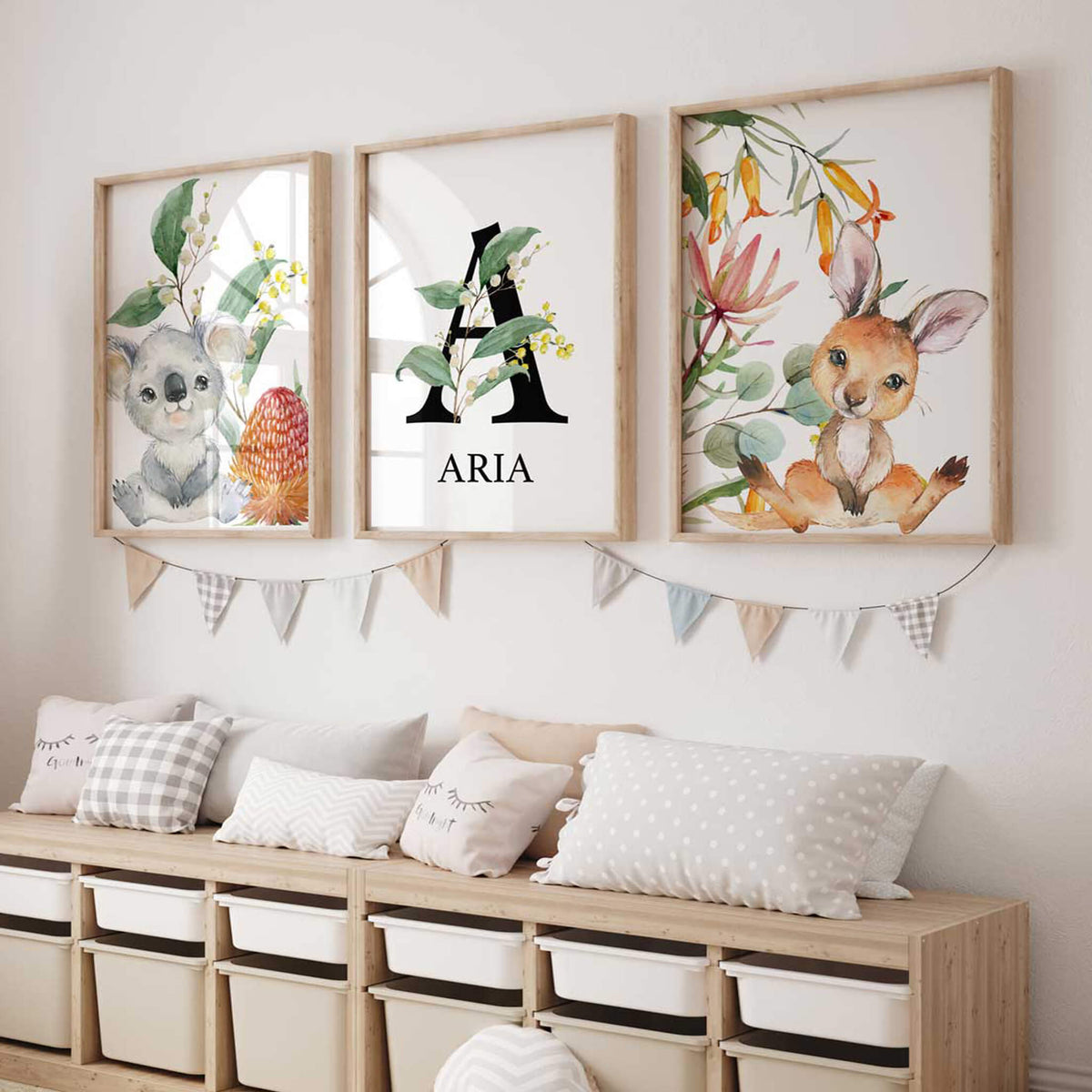 Personalised koala and kangaroo name print set for Australian nursery decor