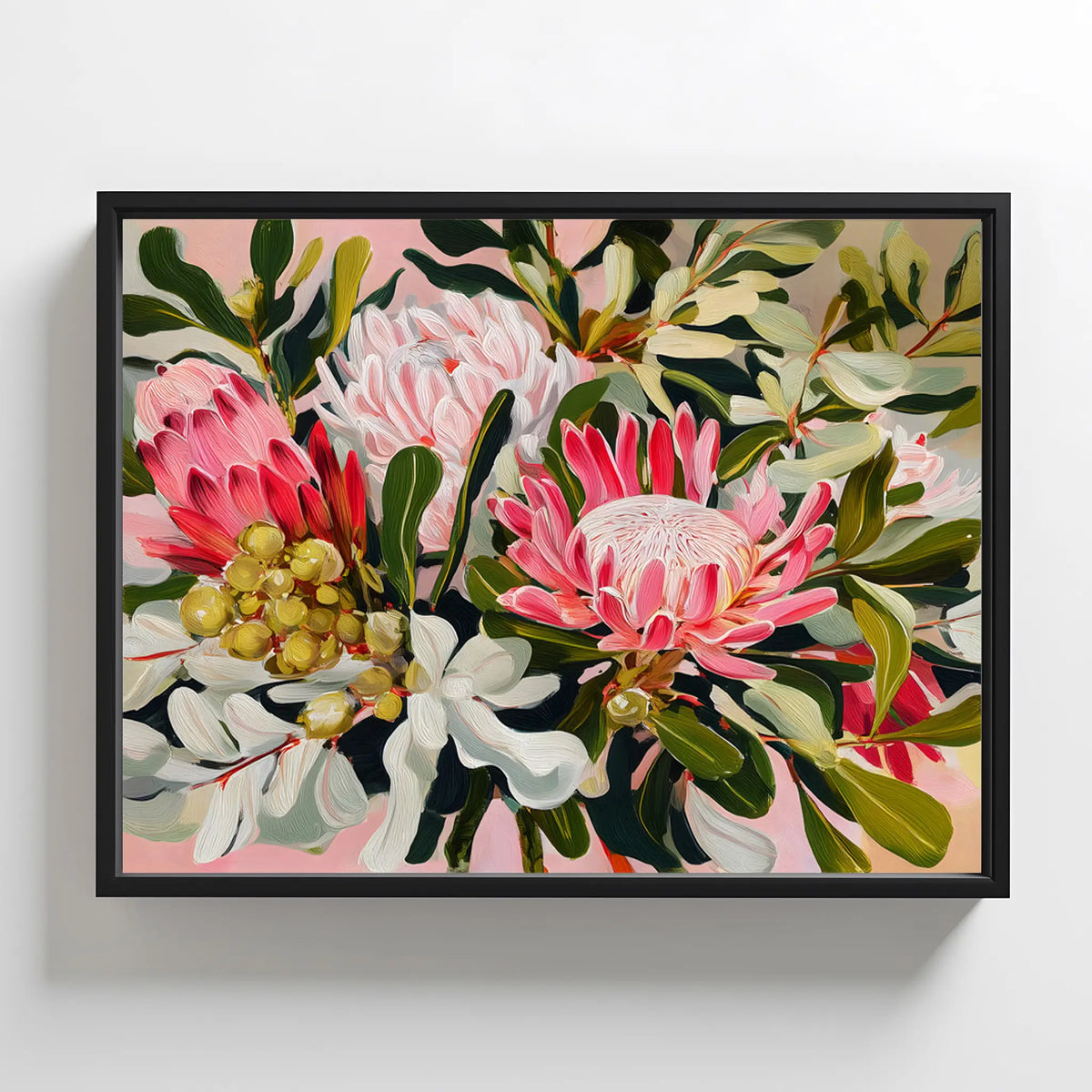 Australian native flower artwork with bold proteas, creamy blossoms, and green gum leaves