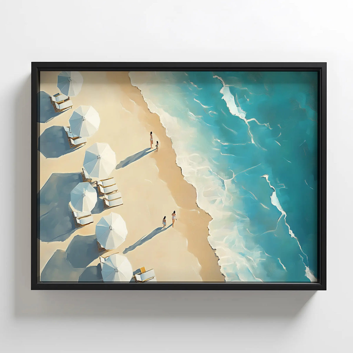 Coastal print of white umbrellas on a sandy shoreline