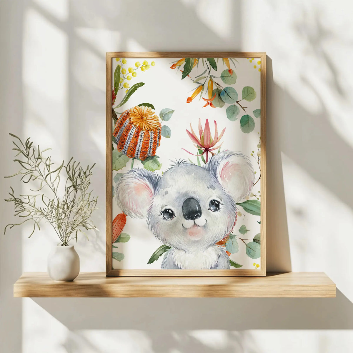 wombat Australian animals wall art prints with eaucalyptus  and australain native foliage