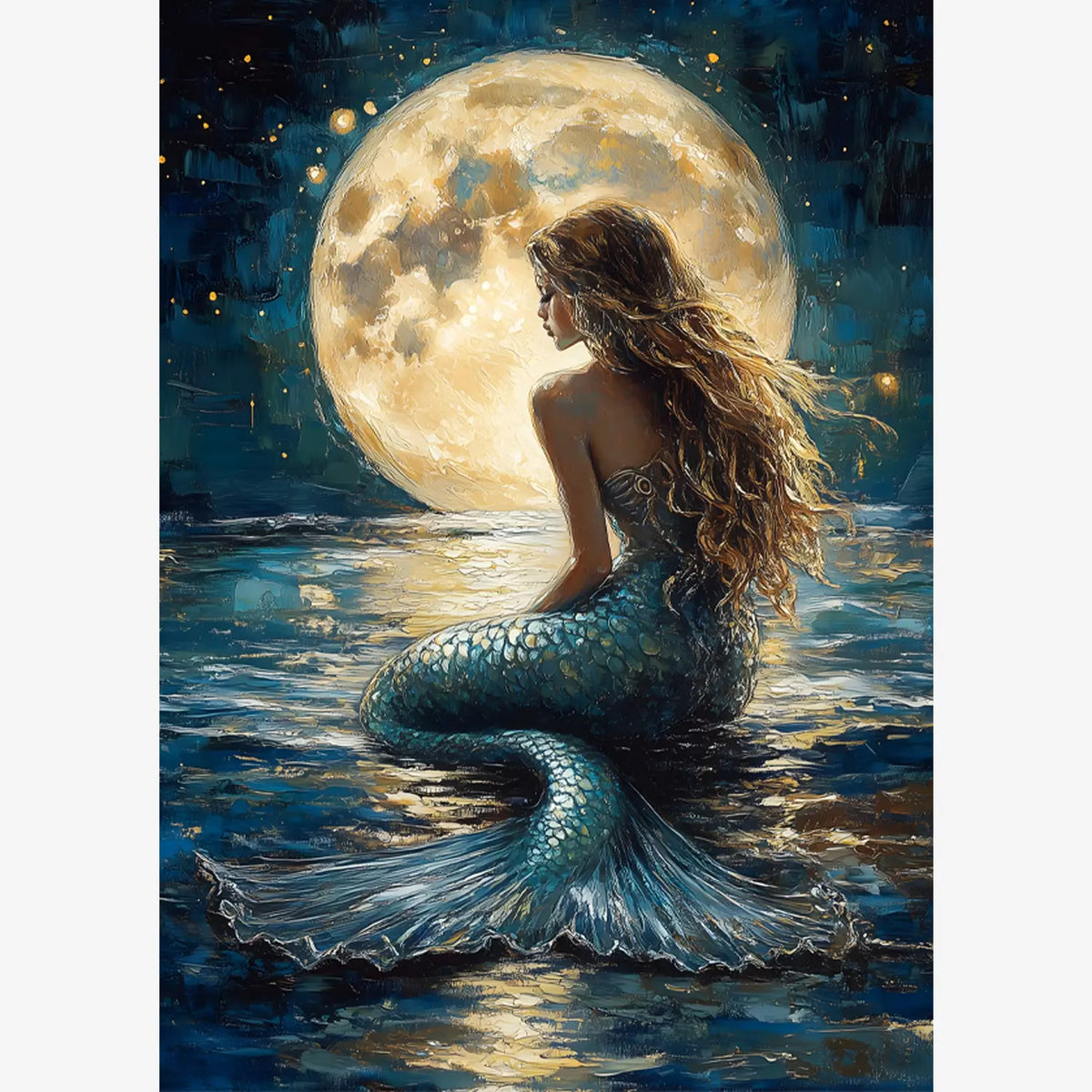 Back view of a mermaid on a quiet sea, painted in rich blue and gold tones with a large glowing moon in the background.