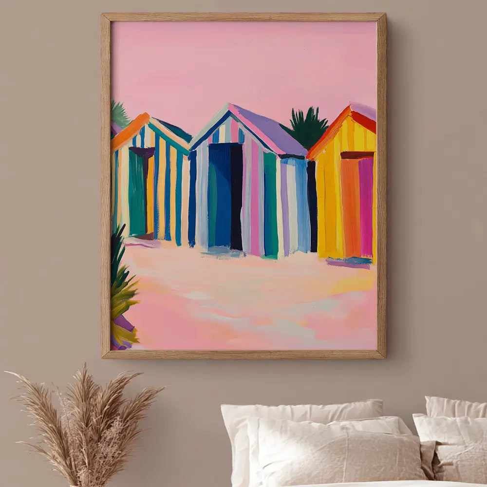 Beach house décor artwork featuring vibrant coastal beach huts on a bright seaside backdrop.