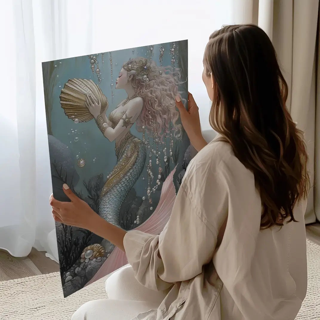 Beautiful mermaid adorned with pearls and gold accessories, gazing at a large scallop shell in an ocean scene.