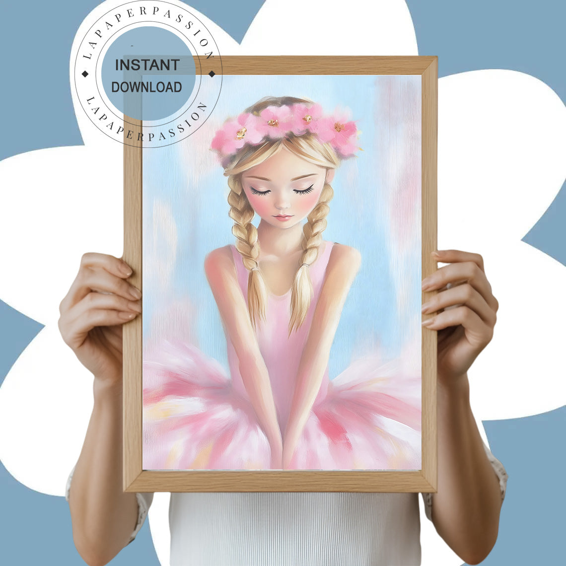 illustration of a ballerina with a floral headband held by hands against a blue background.Digital download