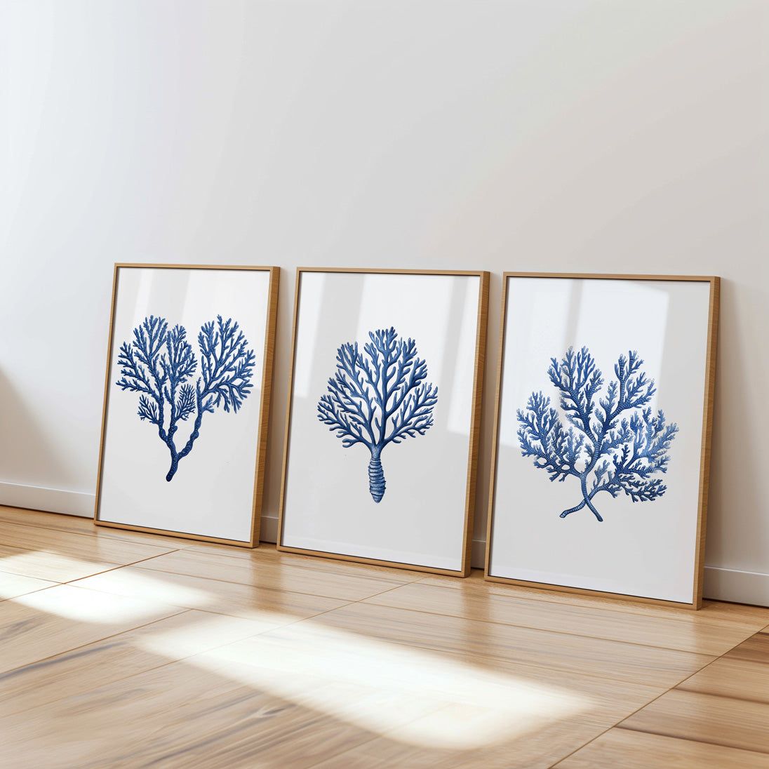 Blue coral coastal wall art prints for beach style interiors