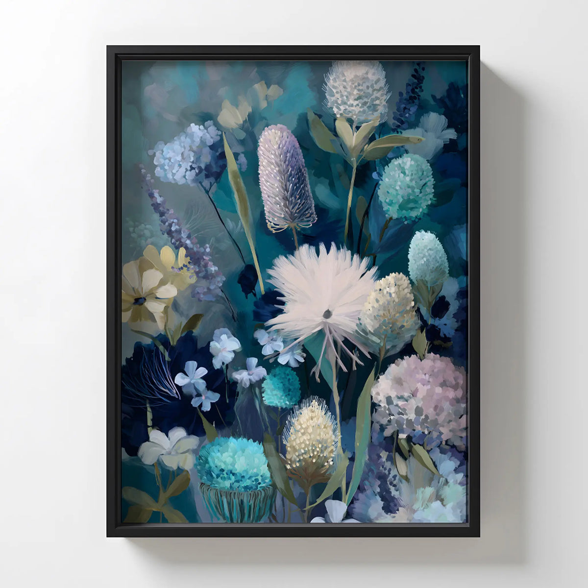 Blue floral wall art print with Australian wildflowers, including textured banksias and delicate petals, perfect for modern or coastal interiors.