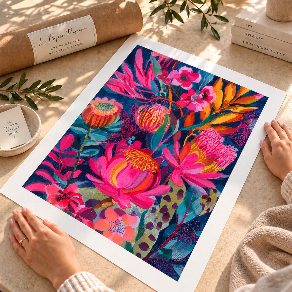 Australian native floral art print featuring colourful protea flowers and tropical botanicals with a white border on premium matte paper.