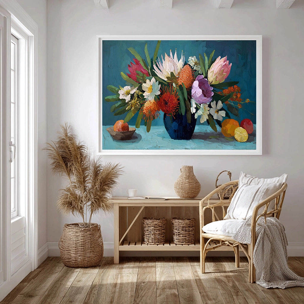 Botanical artwork with proteas, banksias, and waratahs in rich, painterly style