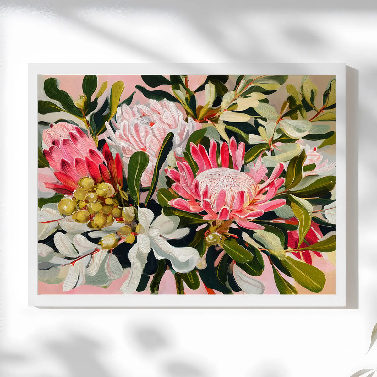 Botanical wall art print featuring pink proteas and eucalyptus leaves in a vibrant painterly style