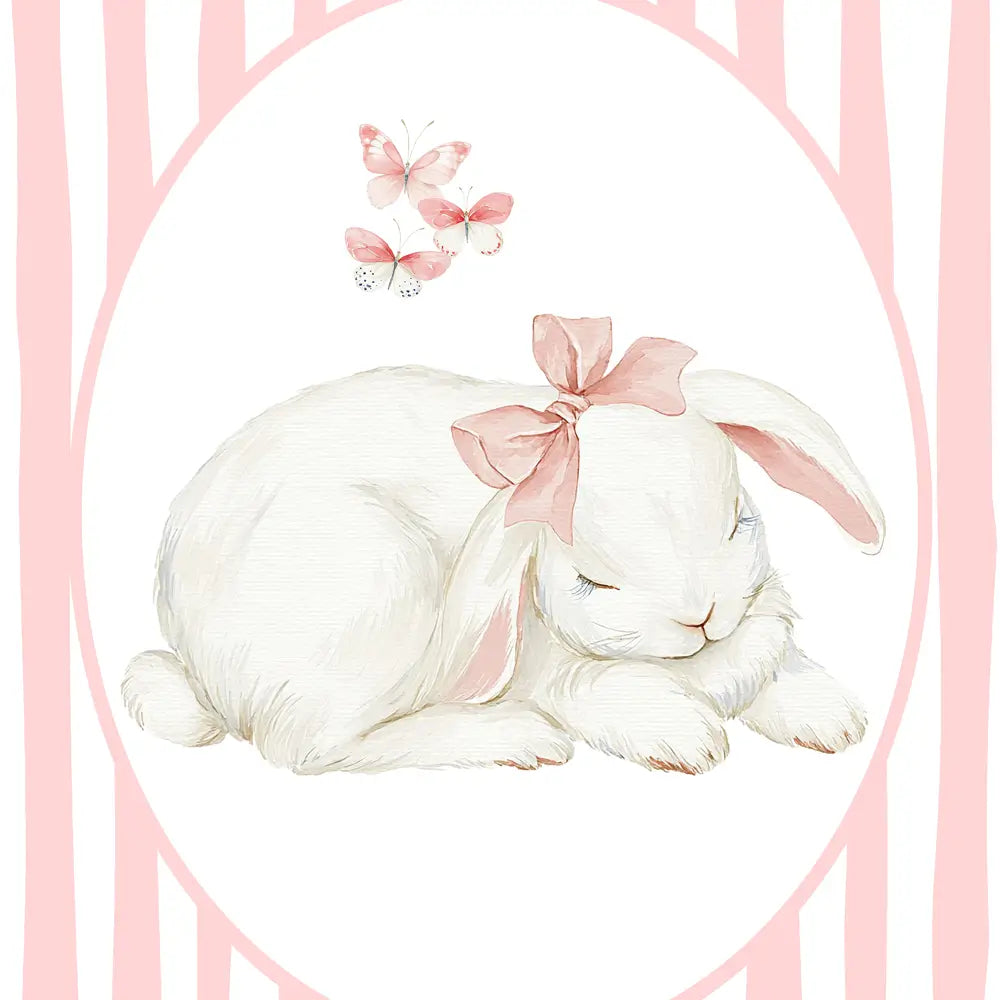 close up image of bummy print pink bow and pnk butterflies pink aand white stripe