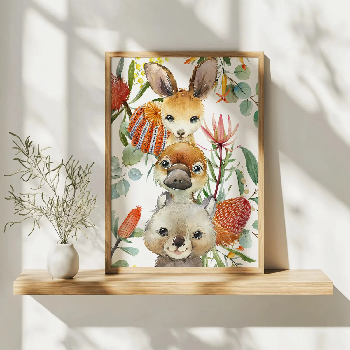 set of three printed prints kangaroo koala wombat Australian animals wall art prints with eaucalyptus  and australain native foliage