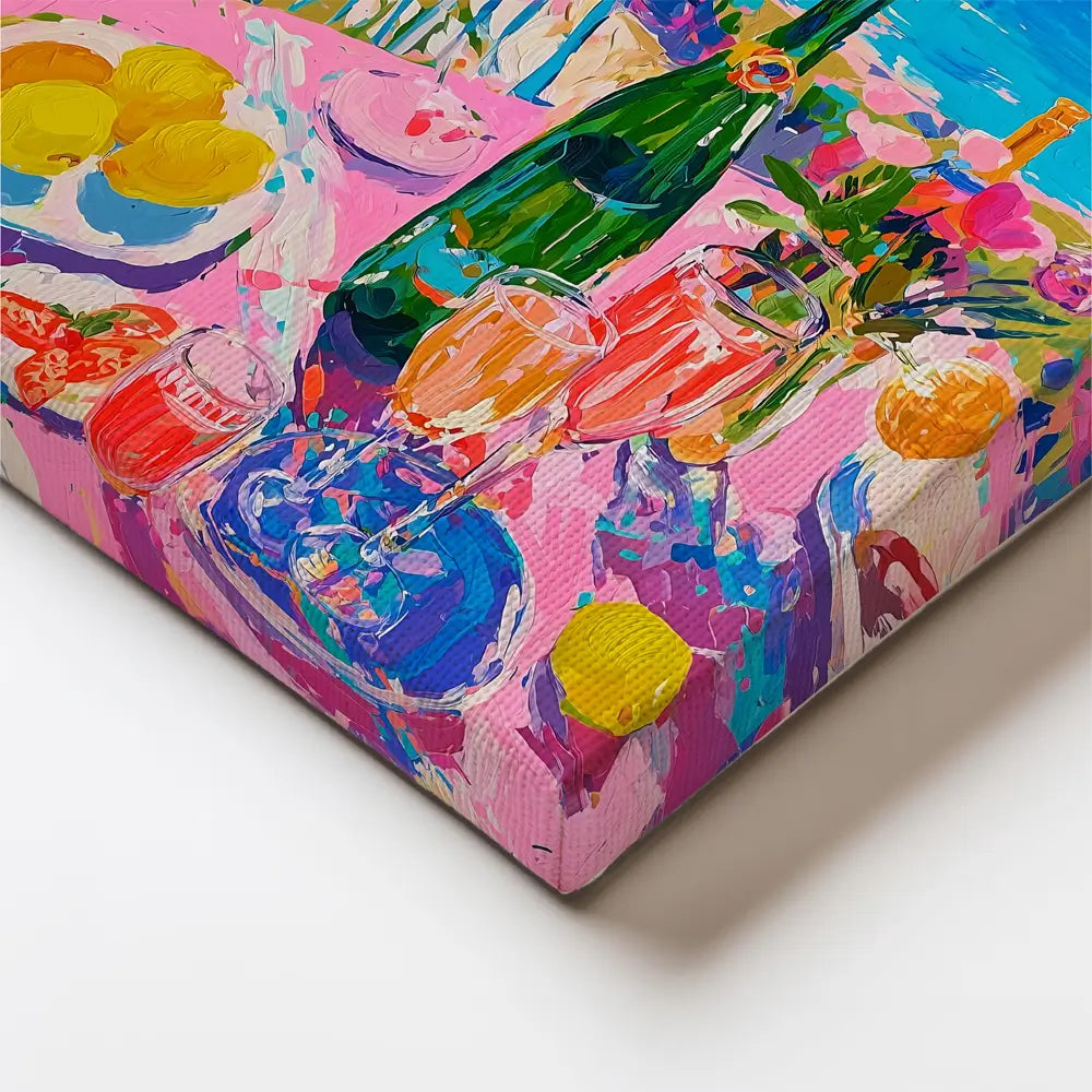 Matisse-style wall art print. Featuring a coastal champagne breakfast, a bright coastal day, and a breathtaking view of sailboats on the sea