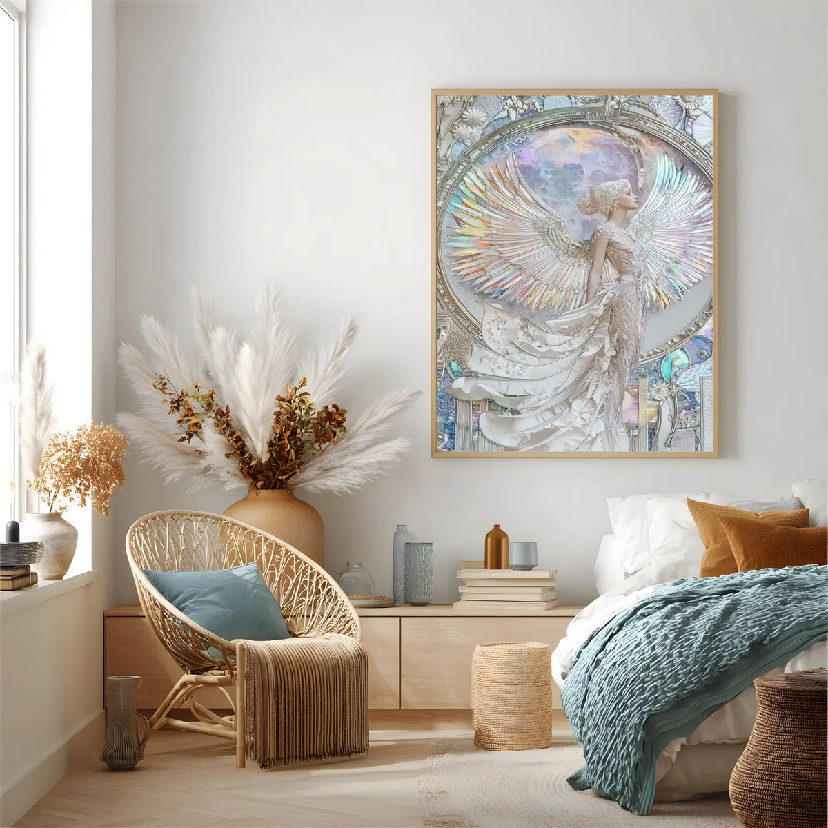 Celestial feminine wall art featuring a divine figure in ornate setting