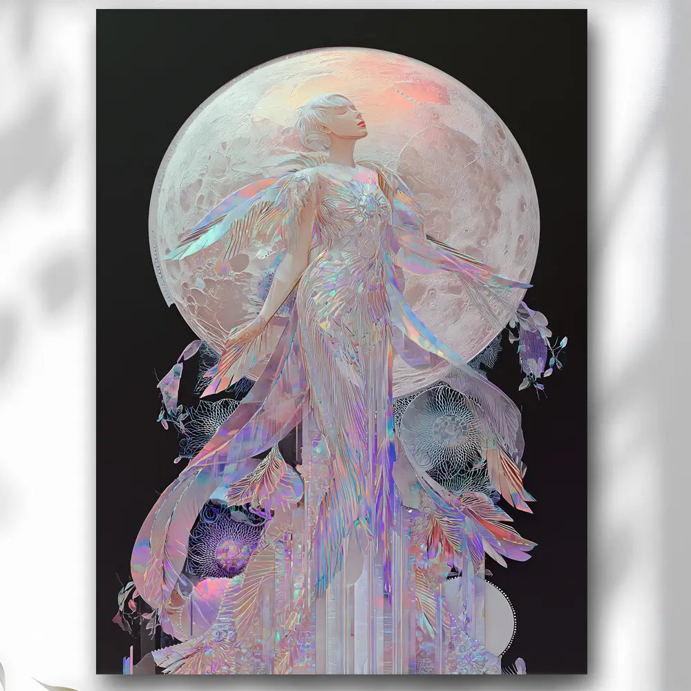Celestial goddess wall art print with iridescent gown and full moon background