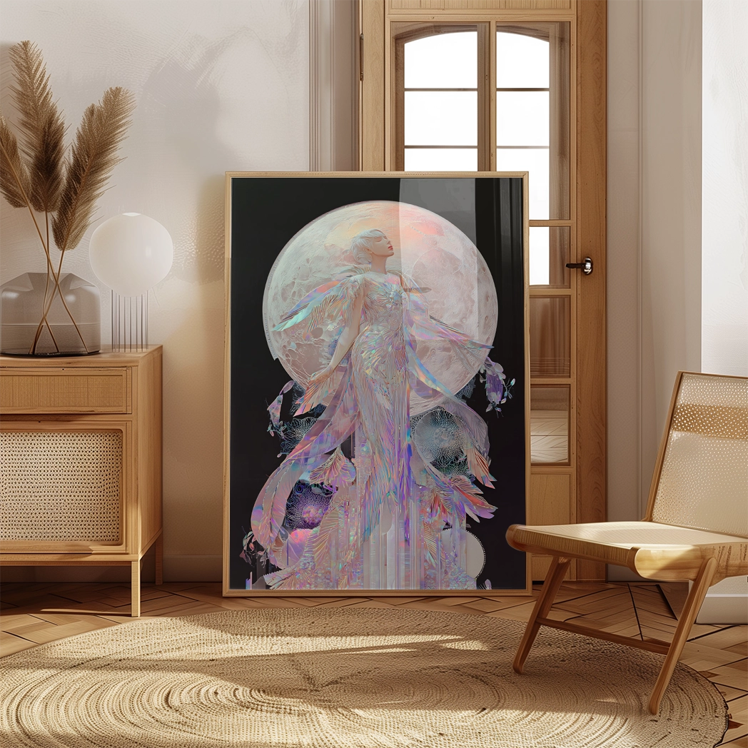 Celestial goddess wall art print with iridescent gown and full moon background