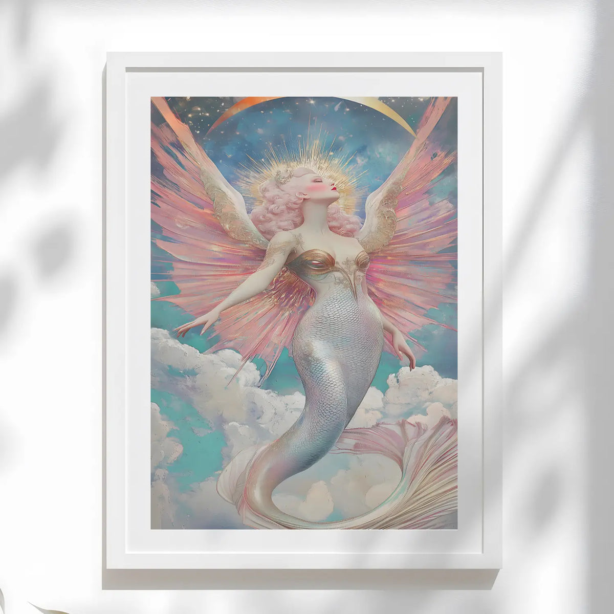 Celestial mermaid goddess art print with pastel wings and flowing hair