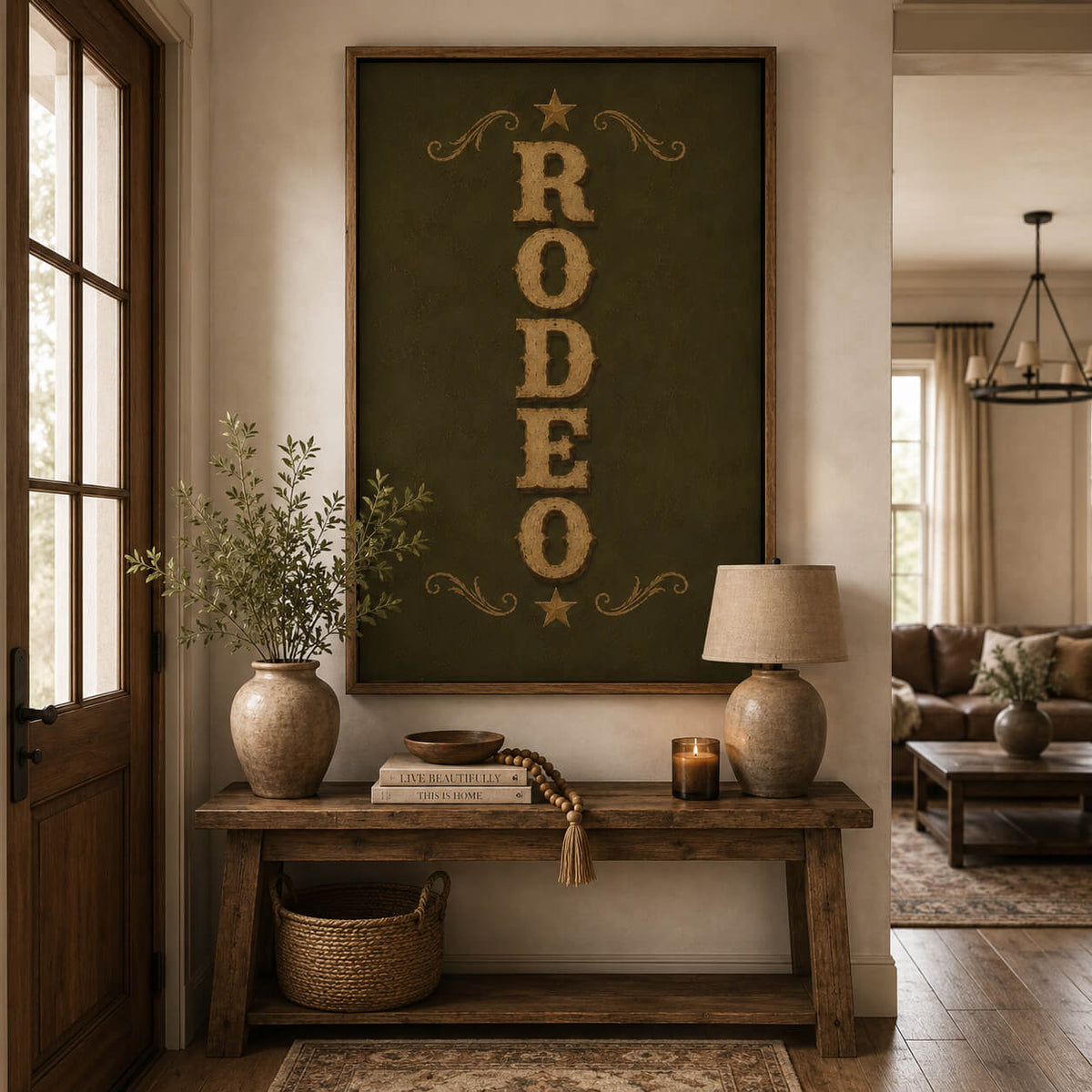Olive green rodeo print with vintage lettering