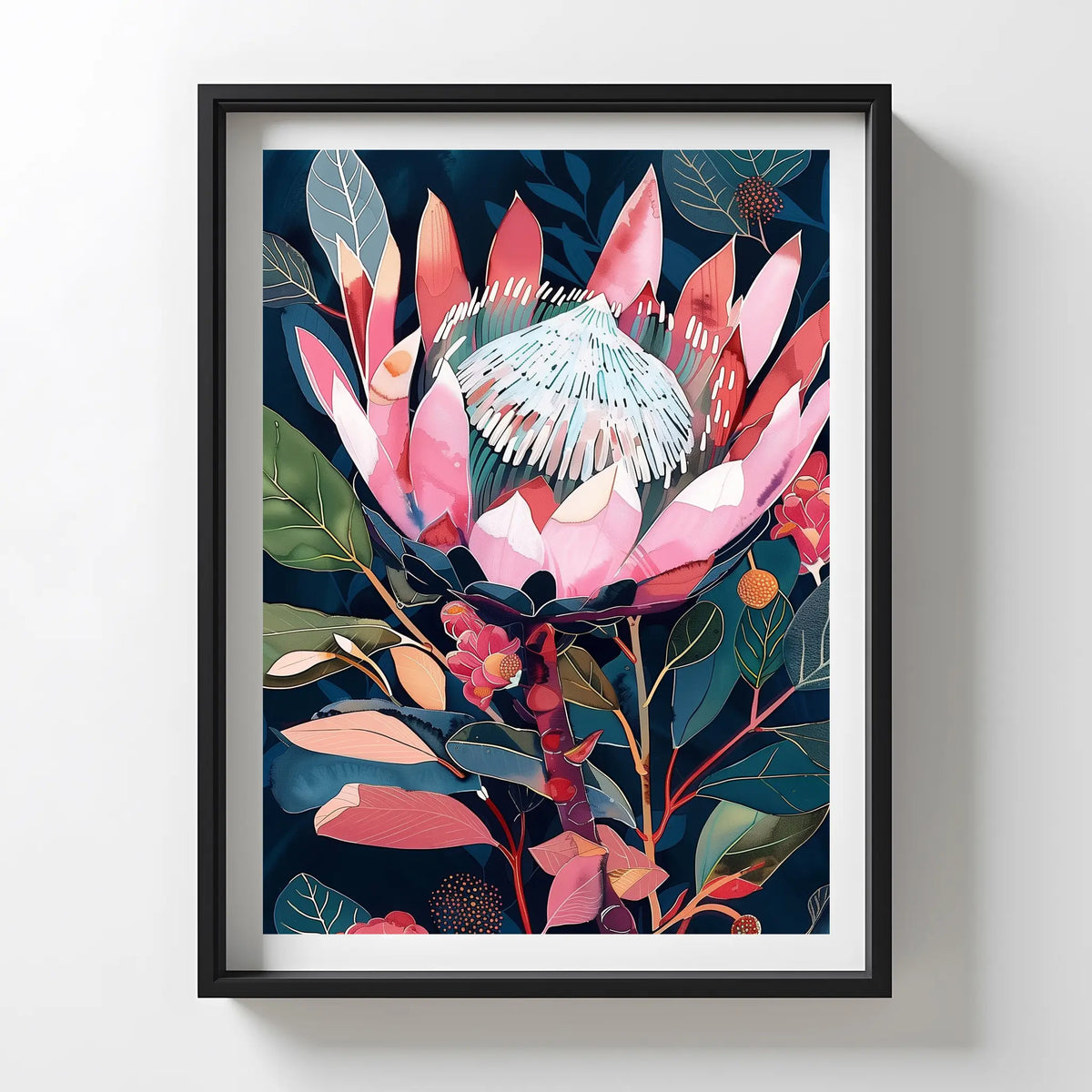 Close-up abstract depiction of a bright pink protea blossom with expressive colors and textured brushstrokes