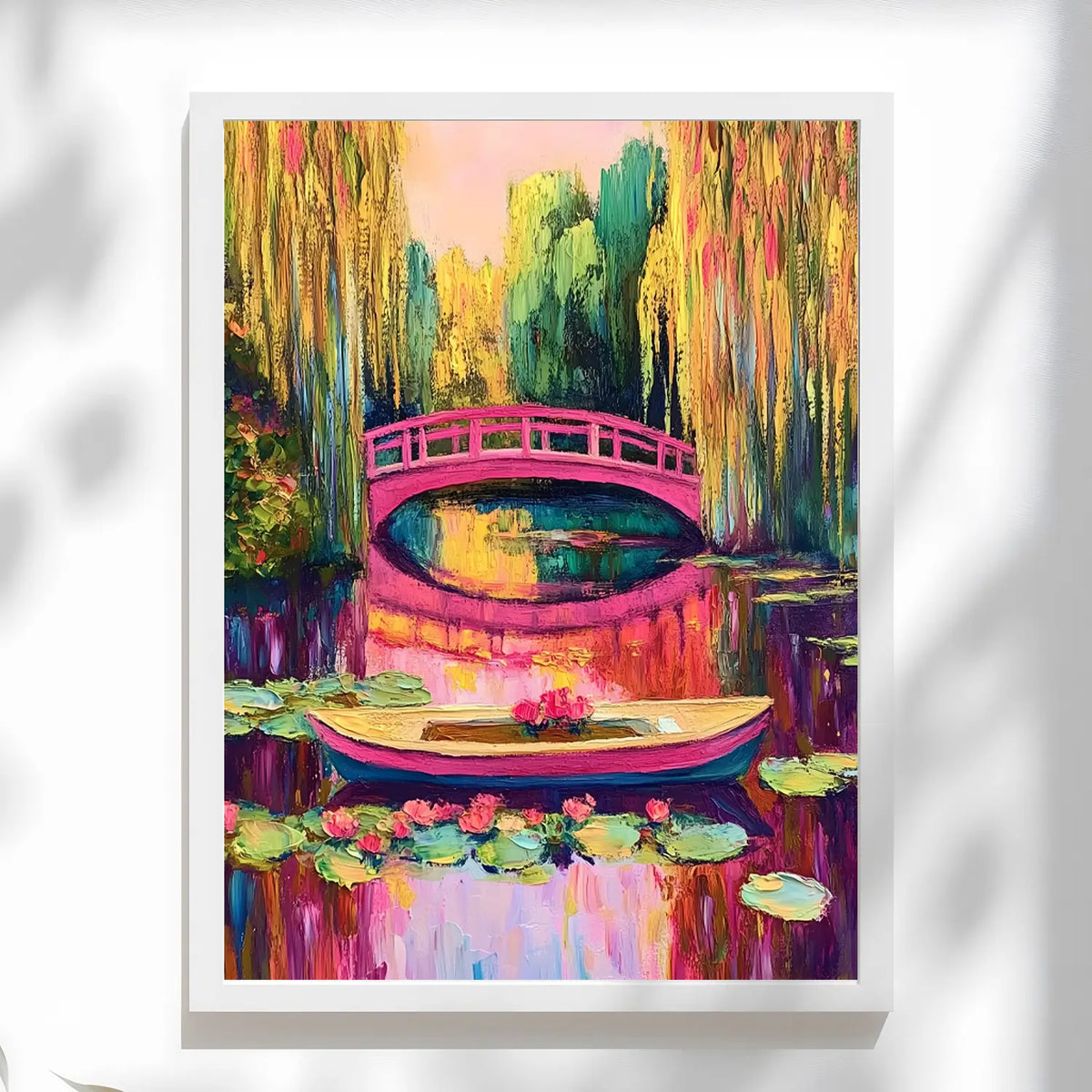 Colourful landscape painting with boat, lilies, and bold brushstrokes