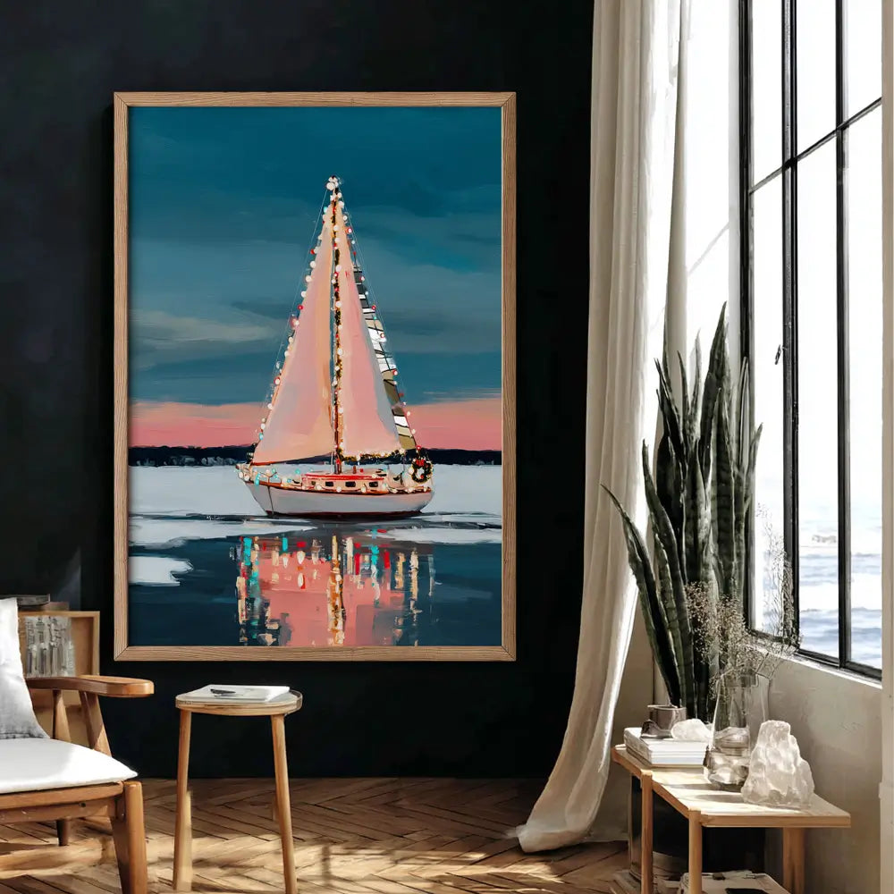 Contemporary sailing boat artwork in pink and blue with glowing lights