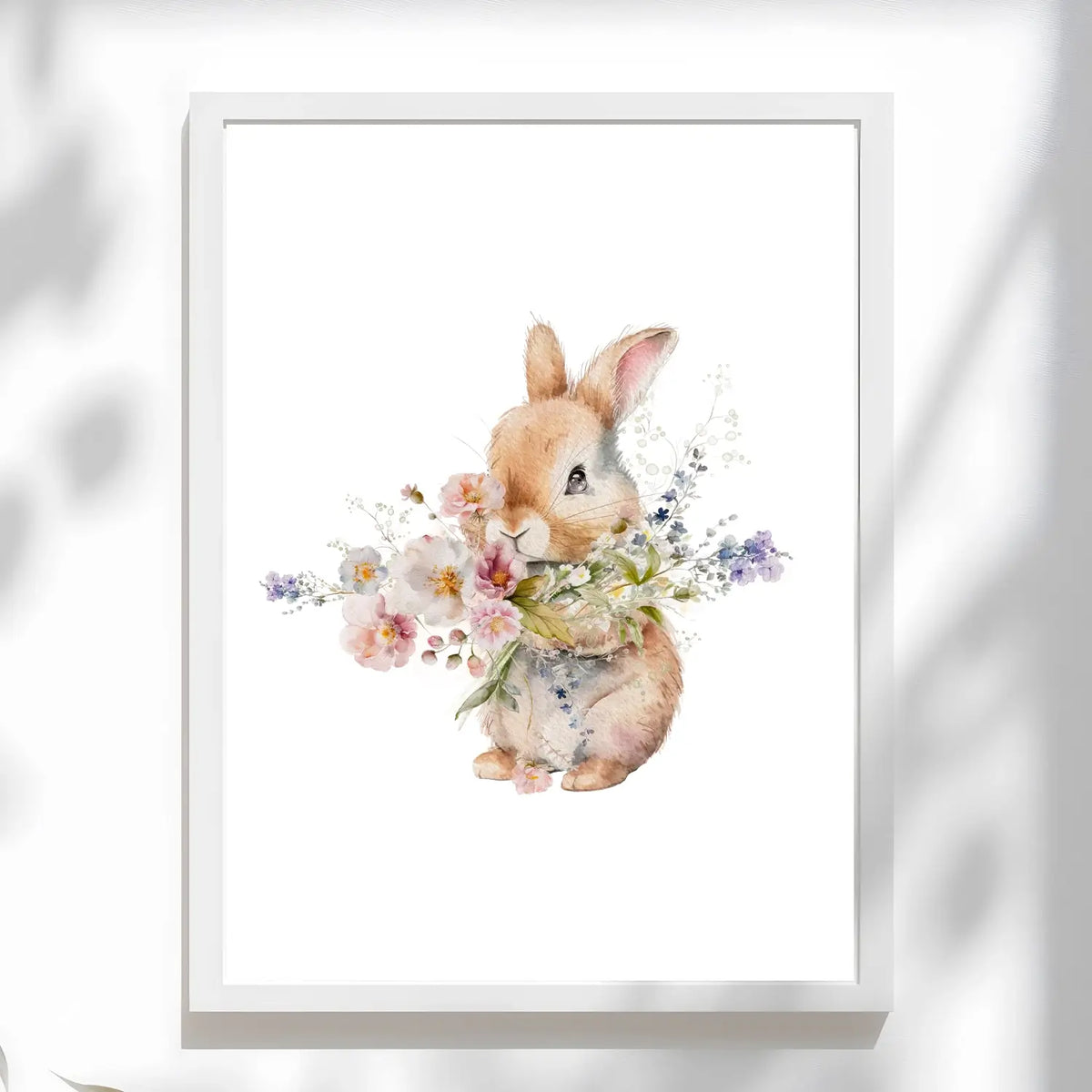 Cute bunny rabbit nursery wall art with flower bouquet