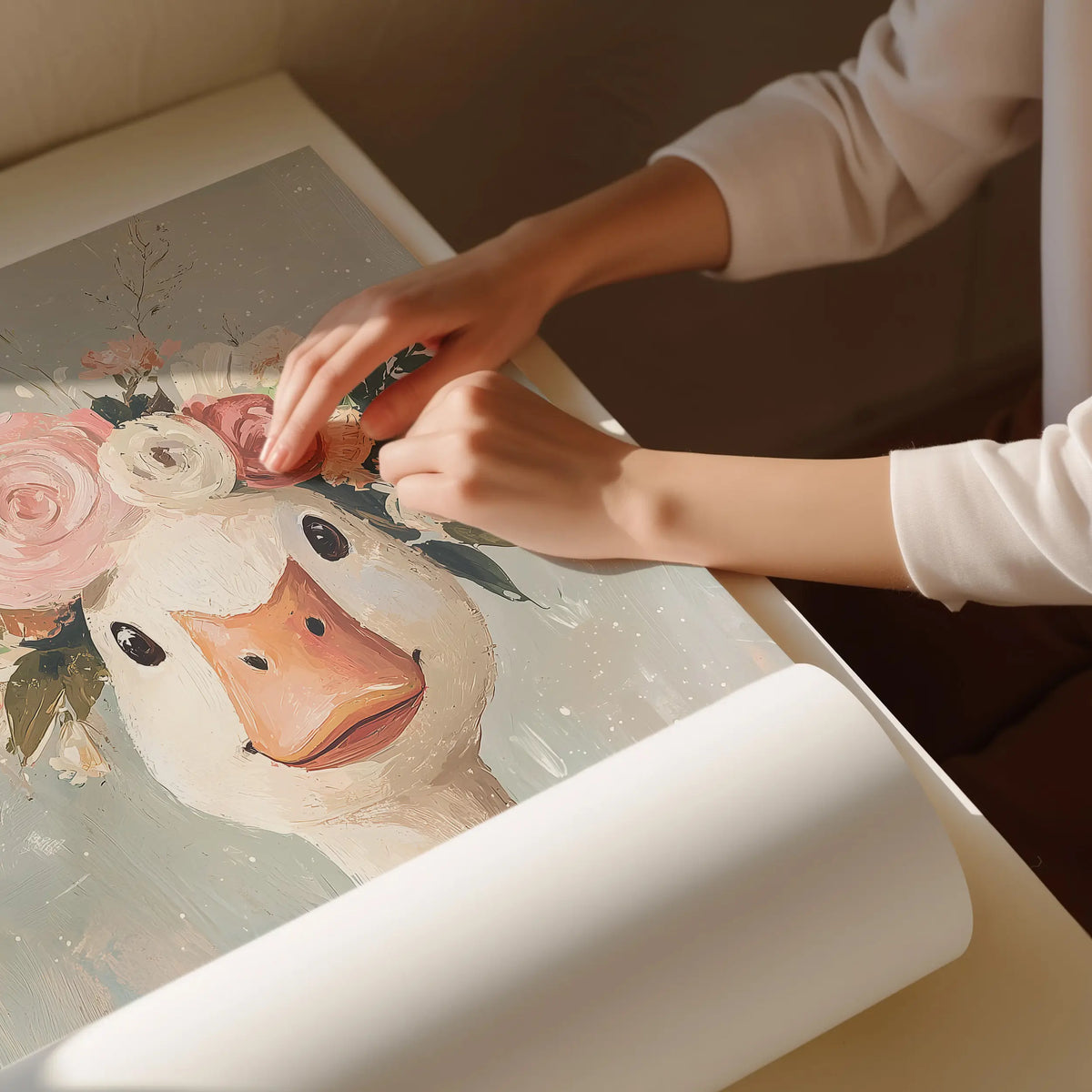 Cute illustrated duck wall art with floral accents, ideal for whimsical girls nursery decor