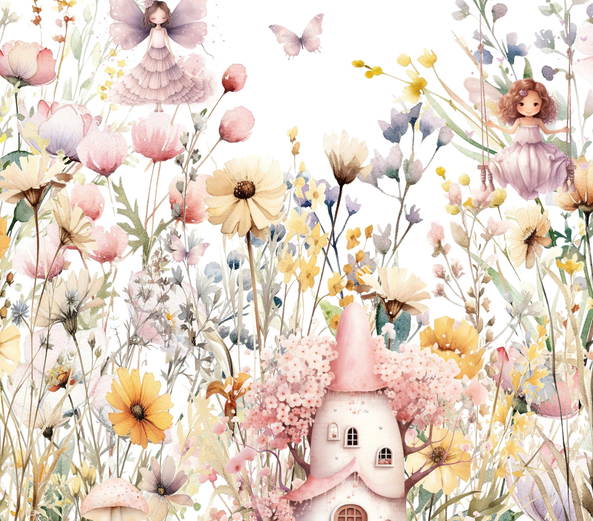 Dreamy fairy holding flowers with gentle pastel background