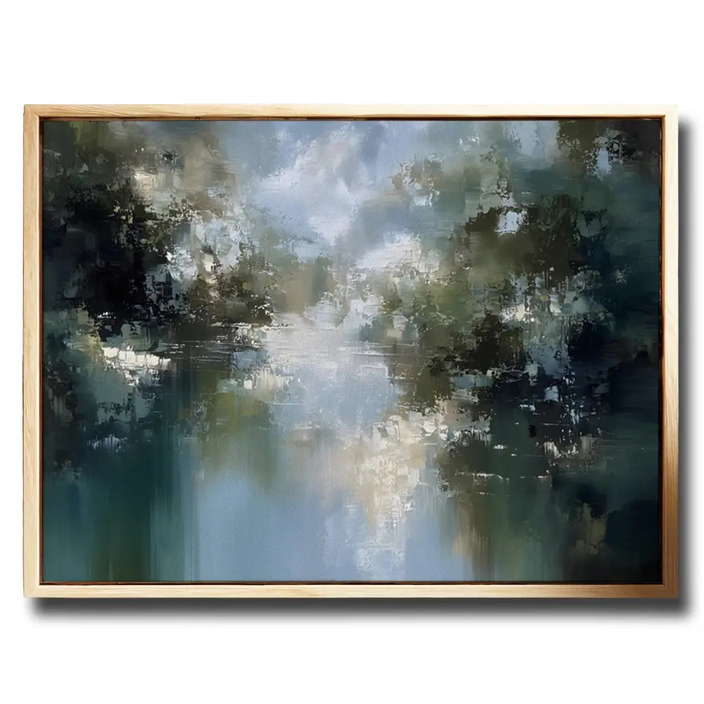 Dreamy forest and water-inspired abstract painting with moody, layered textures