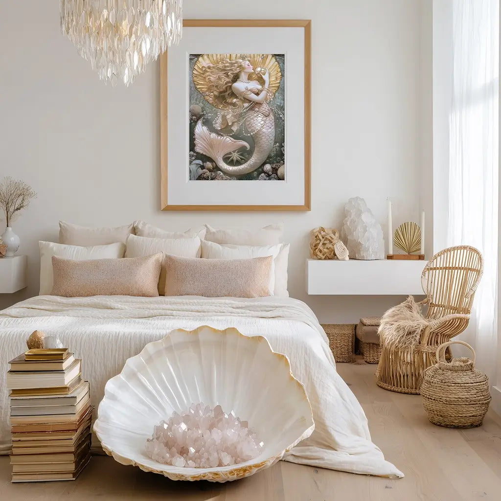 Dreamy mermaid wall art with vintage coastal charm and soft pastel tones.