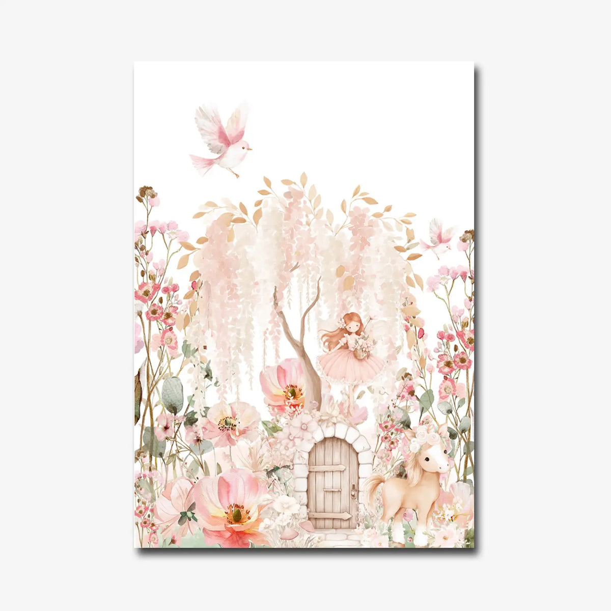 Dreamy watercolor fairy wall décor with birds, florals, and gentle magical elements.