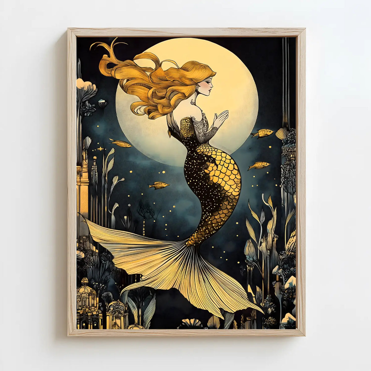 Elegant golden mermaid with flowing hair in front of a glowing full moon, surrounded by fish and ocean plants in a dark fantasy underwater scene.