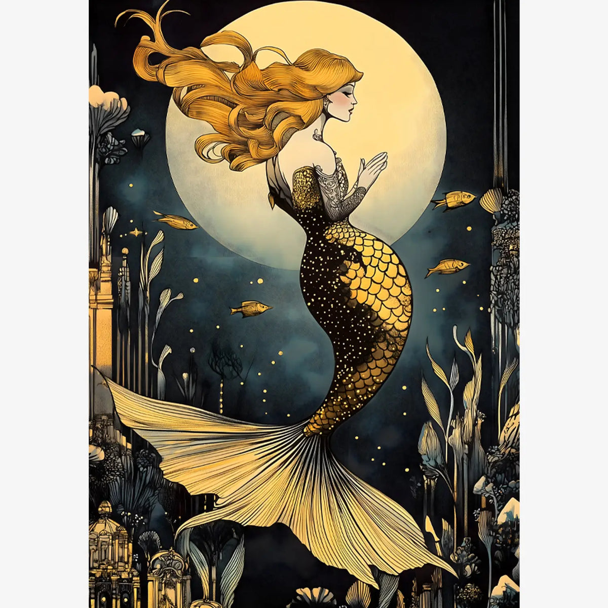 Elegant mermaid swimming through a dark, magical seascape, highlighted by celestial lighting and detailed golden accents.