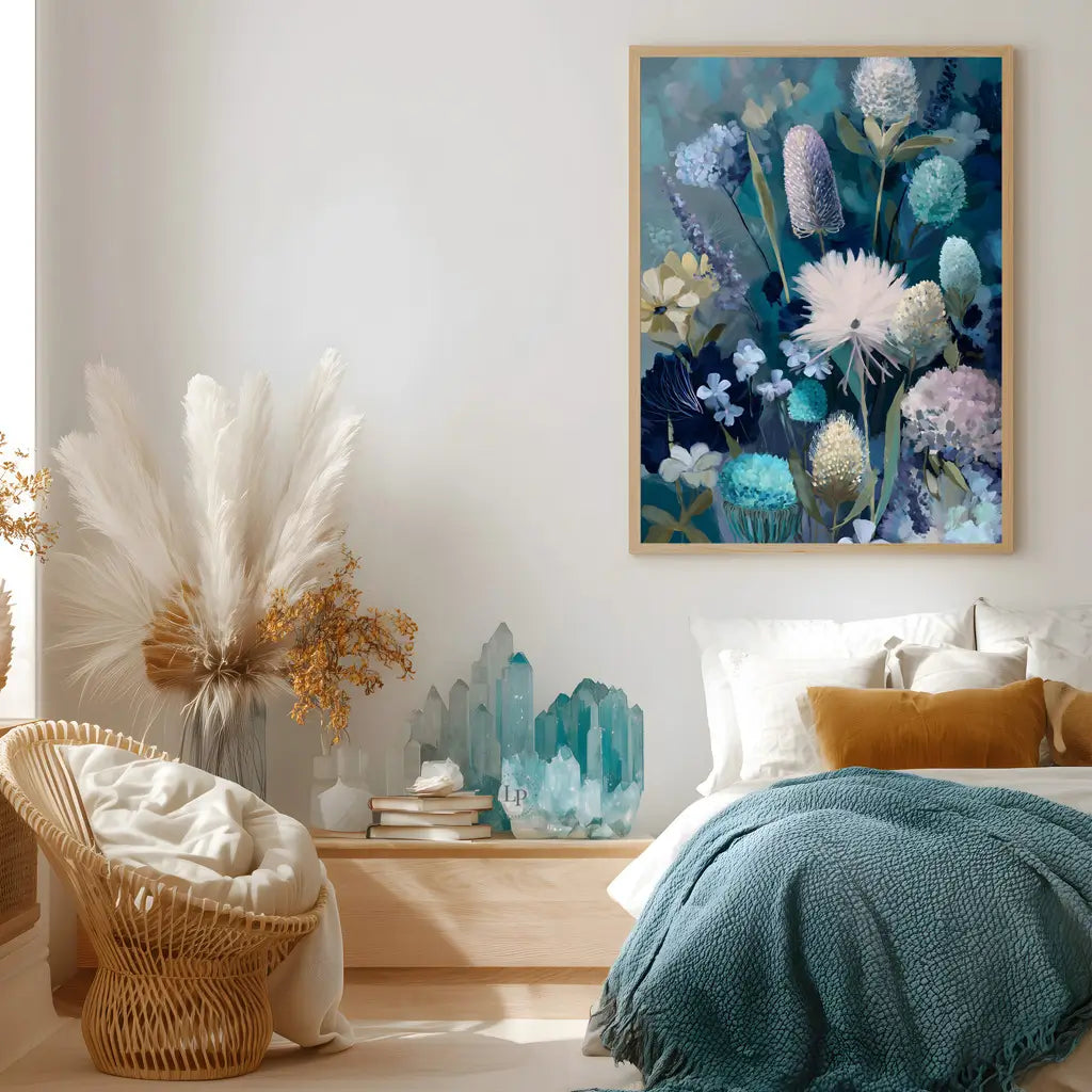 Elegant native Australian flower artwork with cool-toned blooms and foliage in navy, aqua, and ivory hues — botanical art for serene spaces.