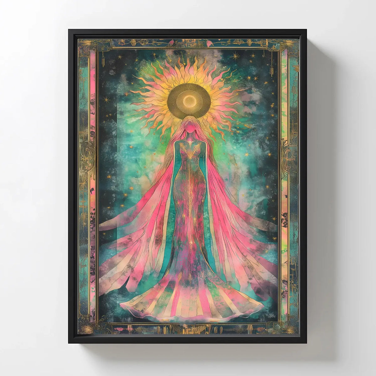 Empowering wall art of a sun goddess in vibrant hues