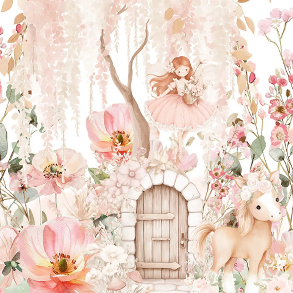 Enchanted forest fairy wall print with butterflies, flowers, and a cute fairy girl in a tiara.