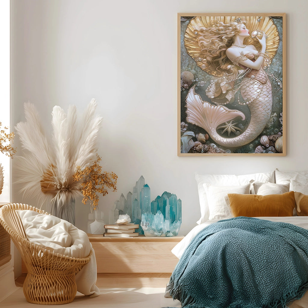 Enchanting sea goddess illustration perfect for beach house or ocean nursery decor.