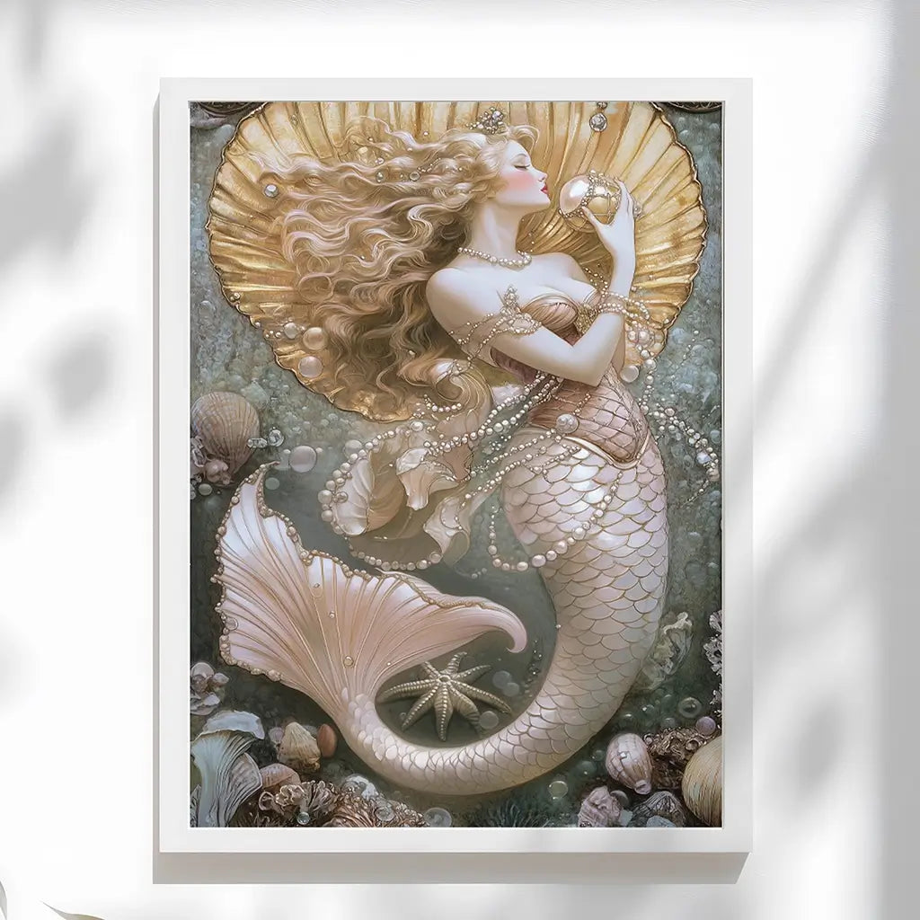 Ethereal blonde mermaid cradling a pearl, surrounded by shimmering underwater treasures.