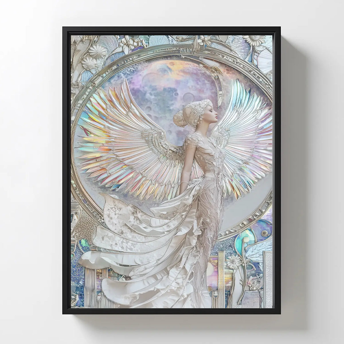 Ethereal goddess art print with iridescent angel wings and flowing gown