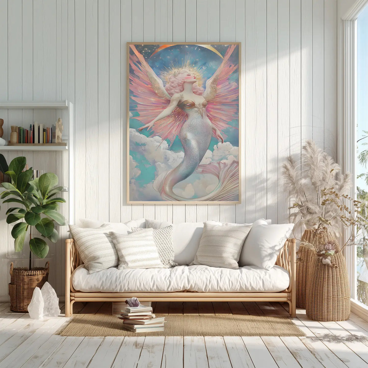 Ethereal goddess with shimmering scales and dreamy background